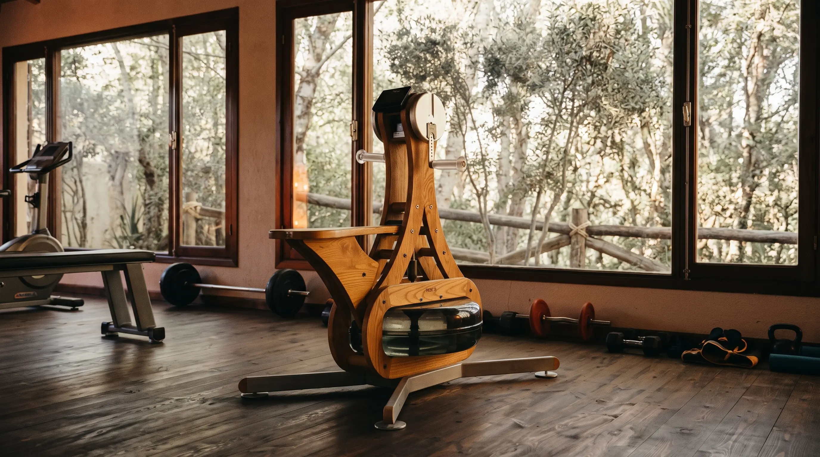 Studio de Fitness & Espace Bien-être Vue Nature | Pure Farmhouse Marrakech Salle de sport lumineuse avec parquet en bois, appareil NOHRD WaterGrinder et grandes fenêtres donnant sur la nature à Pure Farmhouse Marrakech
